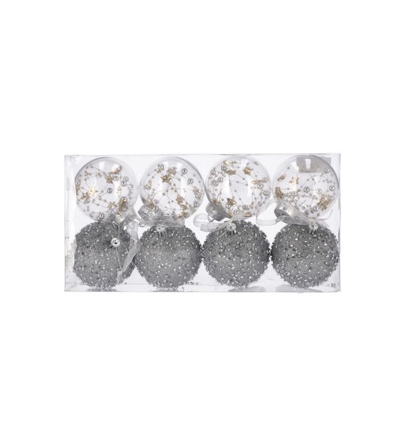 Bombki plastikowe 8cm/4szt, bezbarwny z koralami, srebrny