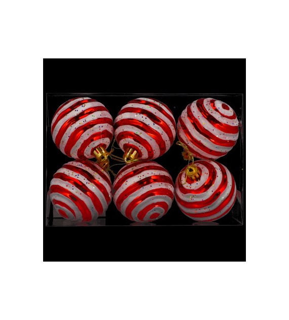 Bombki plastikowe CANDY, 6cm/6szt, czerwony, biały