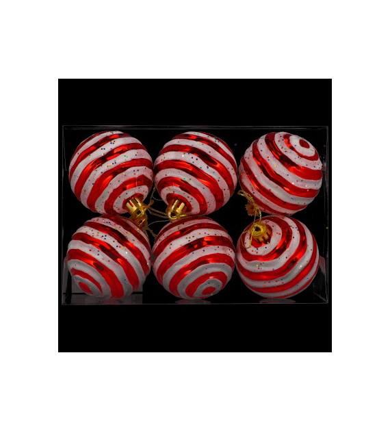 Bombki plastikowe CANDY, 6cm/6szt, czerwony, biały