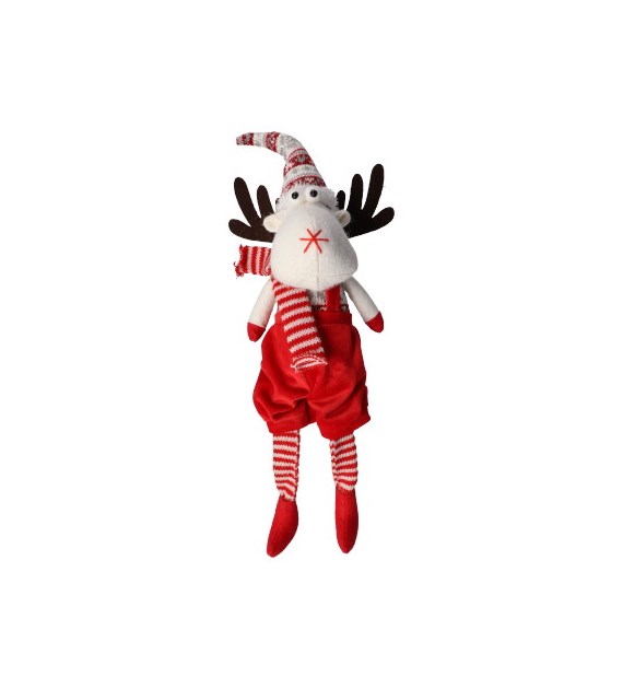 Renifer z materiału ze zwisającymi nogami, 54cm, czerwony, beż