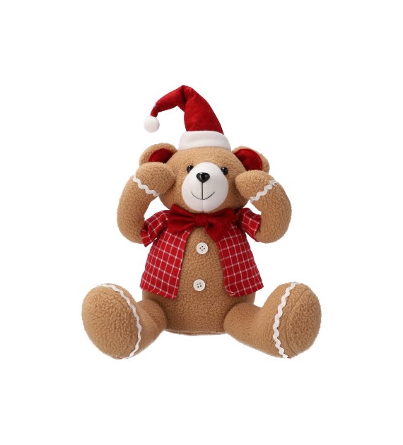 Miś z materiału, 45cm, krata brąz, czerwony, do postawienia