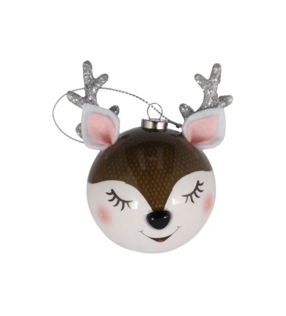 Bombka ze styropianu renifer, 8,5cm, brąz, biały