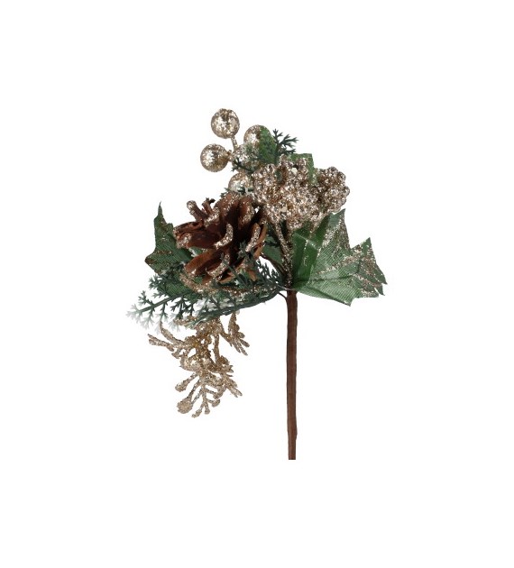 Gałązka dekoracyjna z brokatem, złotymi kulkami i szyszką, 22cm