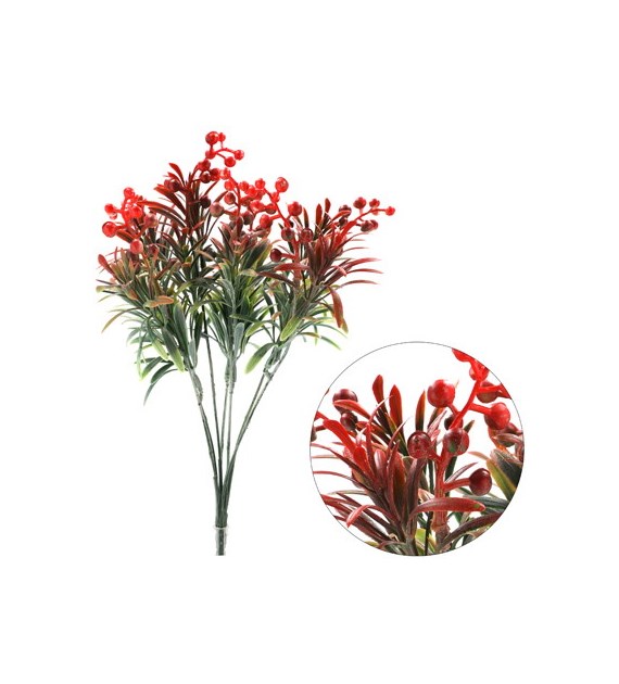 Gałązka kwiatów sztucznych na piku, 34cm, ciemny ziel-czerw