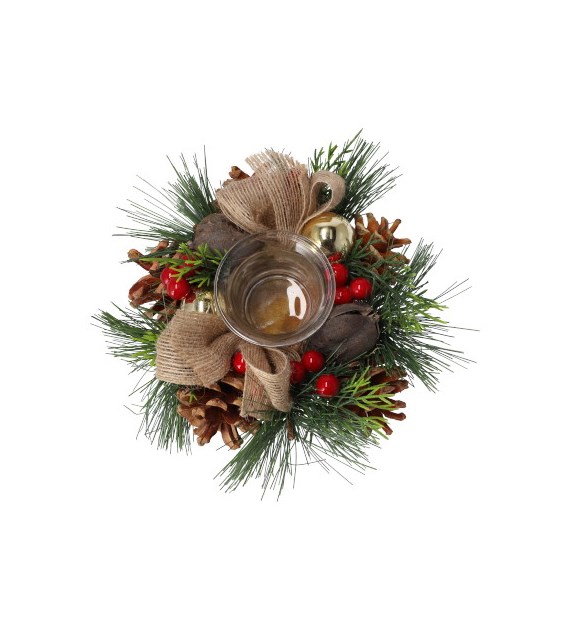 Wianek na tealight - szyszki ze złotymi bombeczkami, 15 cm