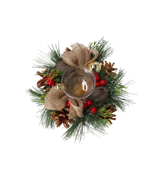 Wianek na tealight - szyszki ze złotymi bombeczkami, 15 cm
