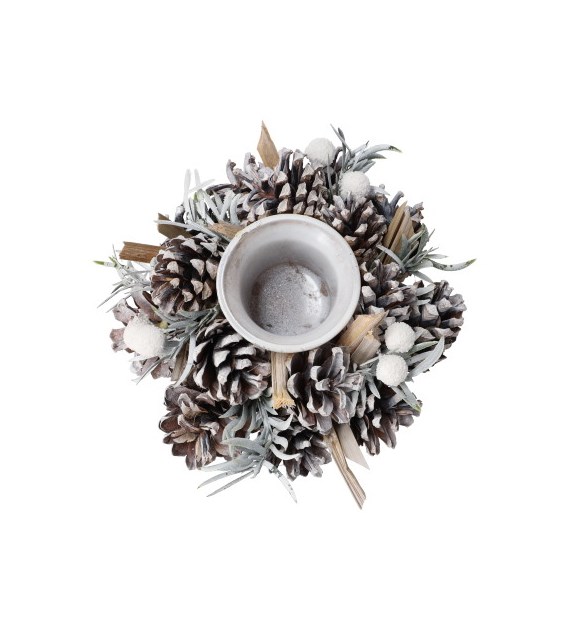 Wianek na tealight - szyszki z białymi bombeczkami, 15 cm