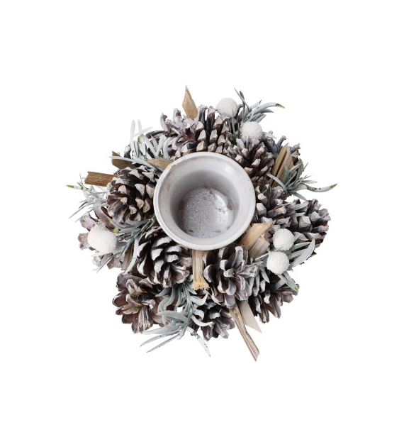 Wianek na tealight - szyszki z białymi bombeczkami, 15 cm