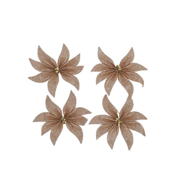 Kwiatki brokatowe z dzwonkami 12cm, 4szt, szampański