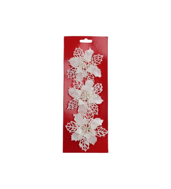 Kwiat brokatowy na klipsie, 3 szt, 10cm, biały