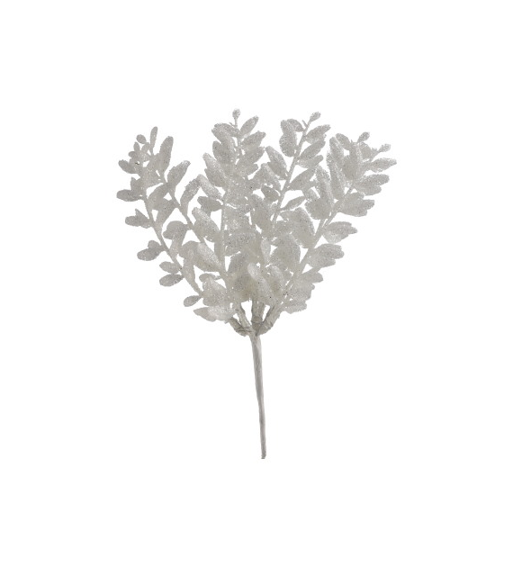 Gałązka listków brokatowa na piku, 22cm, biały