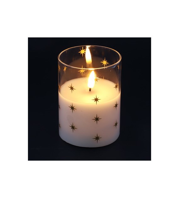Szklana świeca LED w gwiazdki 7,5x10cm, 2xAA (brak) + timer, wew.