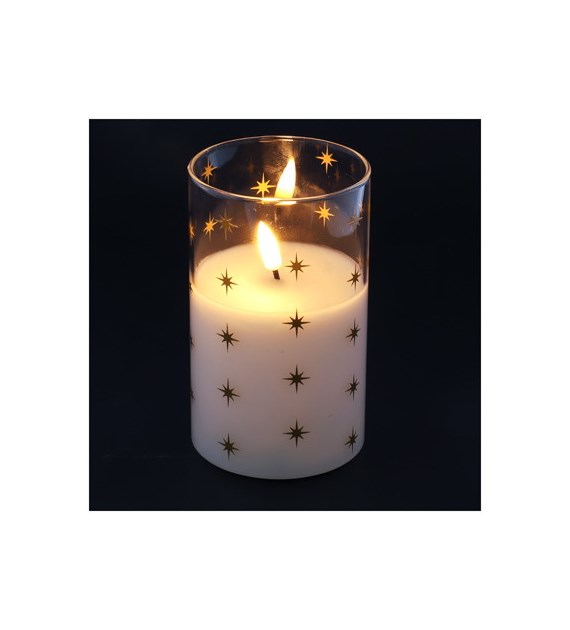 Szklana świeca LED w gwiazdki 7,5x12,5cm, 2xAA (brak) + timer, wew.