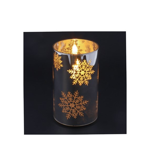 Szklana świeca LED srebrna, śnieżynki 7,5x12,5cm, 2xAA (brak), timer, wew.
