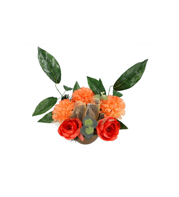 Kompozycja w misie, 3 chryzantemy, 2 peonie, herbaciany-łosoś