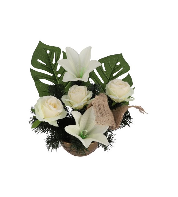 Kompozycja w gazonie, 2 lilie, 3 róże, 45x60cm, kremowy