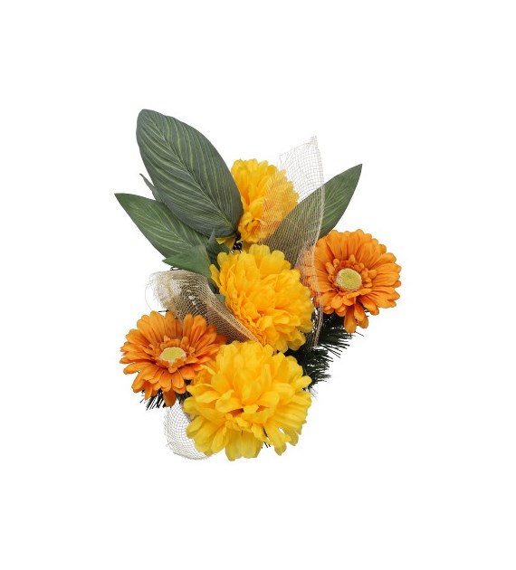 Kompozycja nagrobna: 3 chryzantemy, 2 gerbery, 45x45cm, żołto-herbaciany