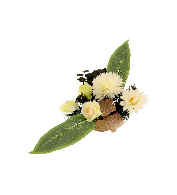 Kompozycja nagrobna w gazonie, chryzantema, 2 peonie, 1 róża, 1 dalia, 45x60cm, kremowy