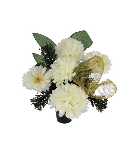 Kompozycja nagrobna: 3 chryzantemy, 2 gerbery, omszały liść mango, 60x48x75cm, kremowy