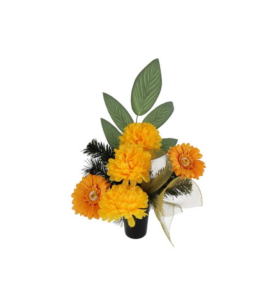 Kompozycja nagrobna: 3 chryzantemy, 2 gerbery, omszały liść mango, 60x48x75cm, żółty