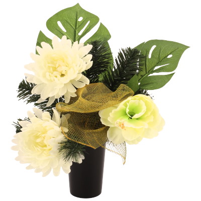 Kompozycja Nagrobna: 2 Chryzantemy, 1 Peonia, 2 Omszałe Liście, 60x48x75cm - Kremowy