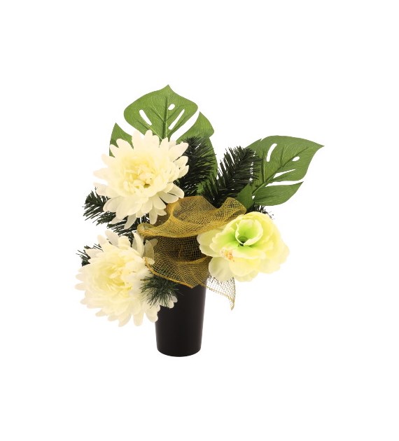 Kompozycja nagrobna: 2 chryzantemy, 1 peonia, 2 omszałe liście, 60x48x75cm, kremowy