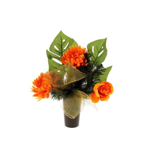 Kompozycja nagrobna: 2 chryzantemy, 1 peonia, 2 omszałe liście, 60x48x75cm, pomarańczowy