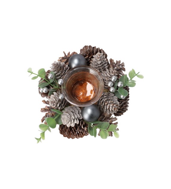 Wianek dekorowany szyszkami ze szklanym miejscem na tealight