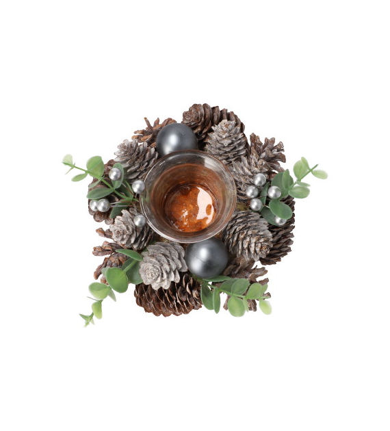 Wianek dekorowany szyszkami ze szklanym miejscem na tealight