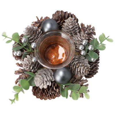 Wianek dekorowany szyszkami ze szklanym miejscem na tealight