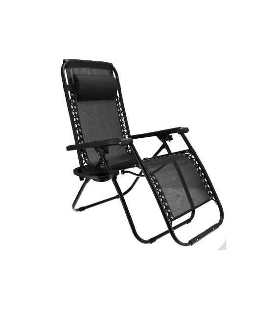 Leżak wielopozycyjny textilene z półką i blokadą siedziska, czarny