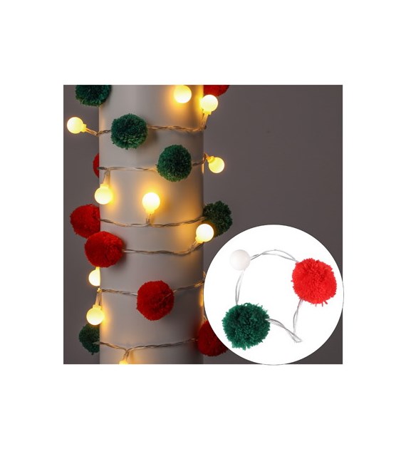 Girlanda 20LED z bawełniaymi kulkami czerwony, zielony, ciepły biały