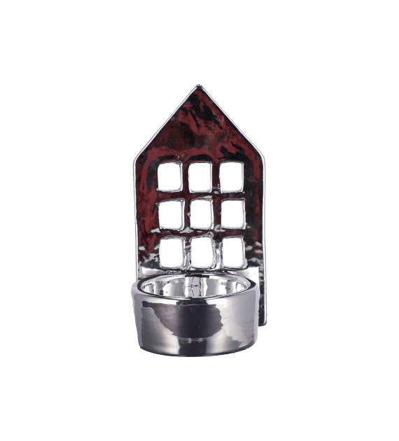 Domek z ceramiki, na tealight, 11,4cm, srebrny, do postawienia