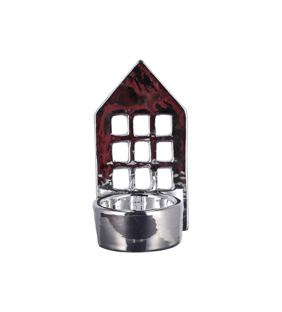 Domek z ceramiki, na tealight, 11,4cm, srebrny, do postawienia