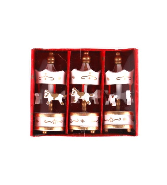 Dekoracja z drewna karuzela, 3 szt, 9 cm, biały, złoty, do powieszenia