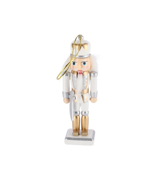Zawieszka z drewna dziadek do orzechów, biały, złoty, 12,5cm