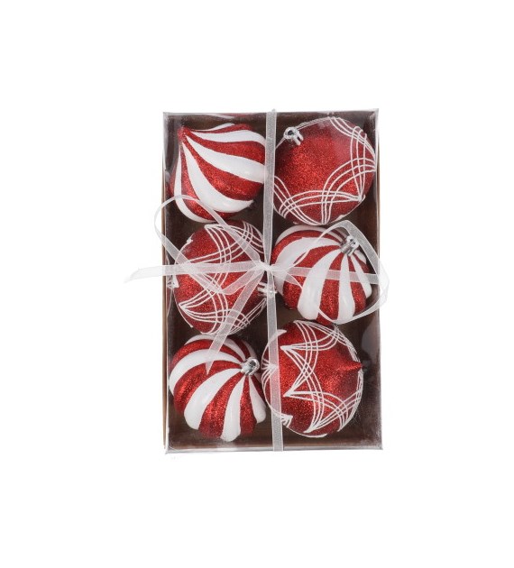 Bombki plastikowe 8cm/6szt, czerwony, biały