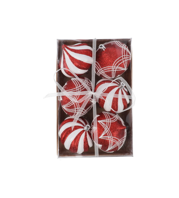 Bombki plastikowe 8cm/6szt, czerwony, biały
