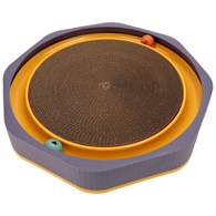 Drapak dla kota z zabawką i kocimiętką, okrągły, fioletowy i żółty