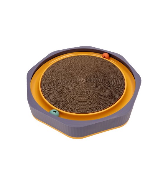 Drapak dla kota z zabawką i kocimiętką, okrągły, fioletowy i żółty