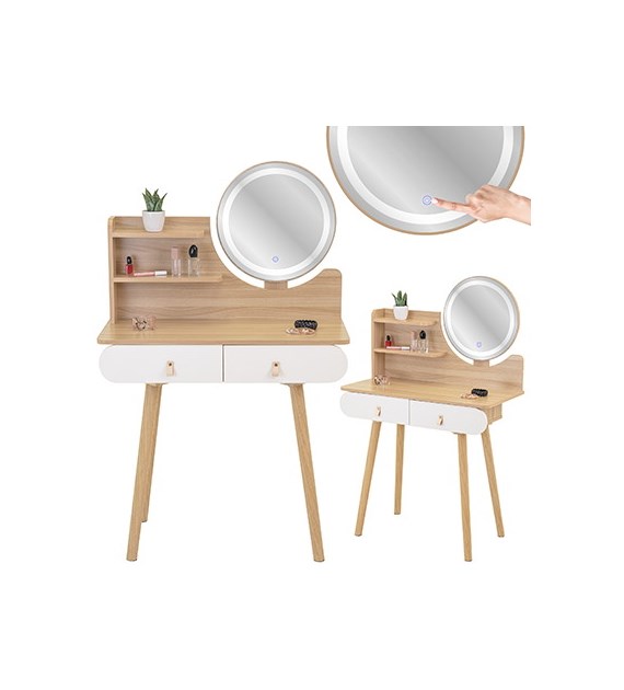 Toaletka Scandi lustro LED, uchwyty skórzane, kolor naturalny i biały