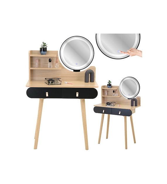 Toaletka Scandi lustro LED, kolor naturalny i czarny, skórzane uchwyty