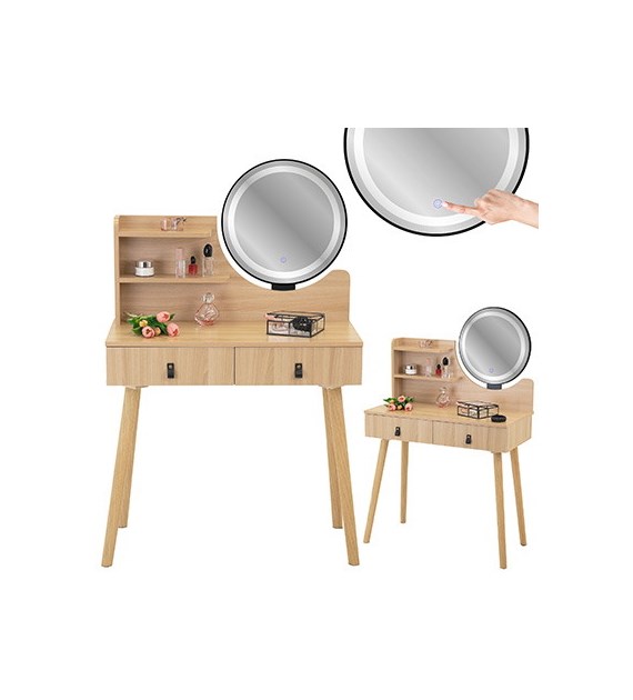 Toaletka Scandi lustro LED, kolor naturalny, uchywty skórzane