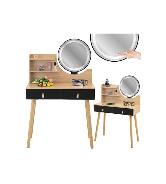 Toaletka Scandi lustro LED, kolor naturalny i czarny, skórzane uchwyty