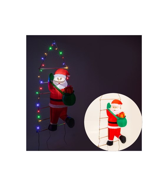 Dmuchany Mikołaj na drabinie 150cm, 30LED multikolor, 1LED biały, zew.
