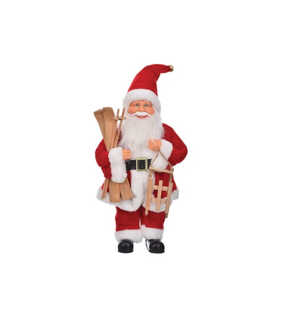 Mikołaj z materiału z sankami i nartami, 30cm, czerwony