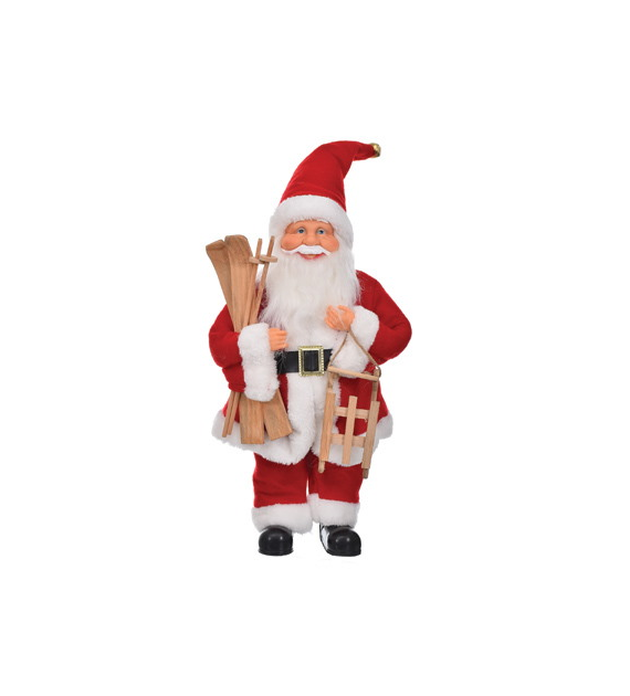 Mikołaj z materiału z sankami i nartami, 30cm, czerwony