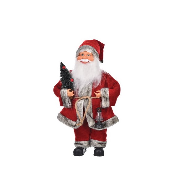 Mikołaj z materiału z sankami i nartami, choinką i latarenką, 40cm