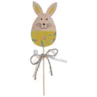 Zajączek drewniany na piku, wys. 28 cm, żółty w kwiatki