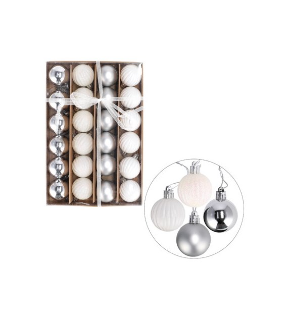Bombki plastikowe  4cm/24 szt, biały, srebrny